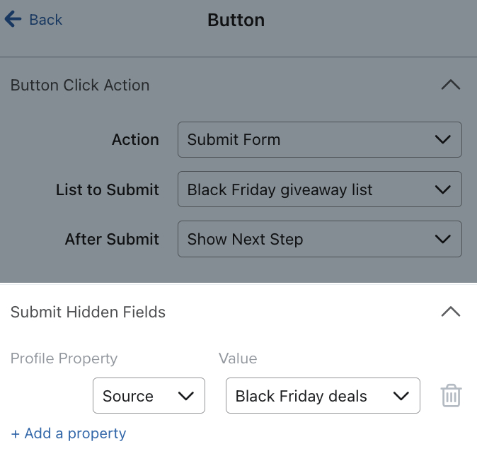 Alternativet Submit Hidden Fields visas när en knappklicksåtgärd är inställd på Submit Form.