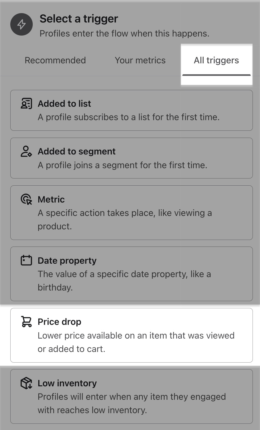 I menyn Trigger Setup finns alternativet Price Drop längst ner på listan