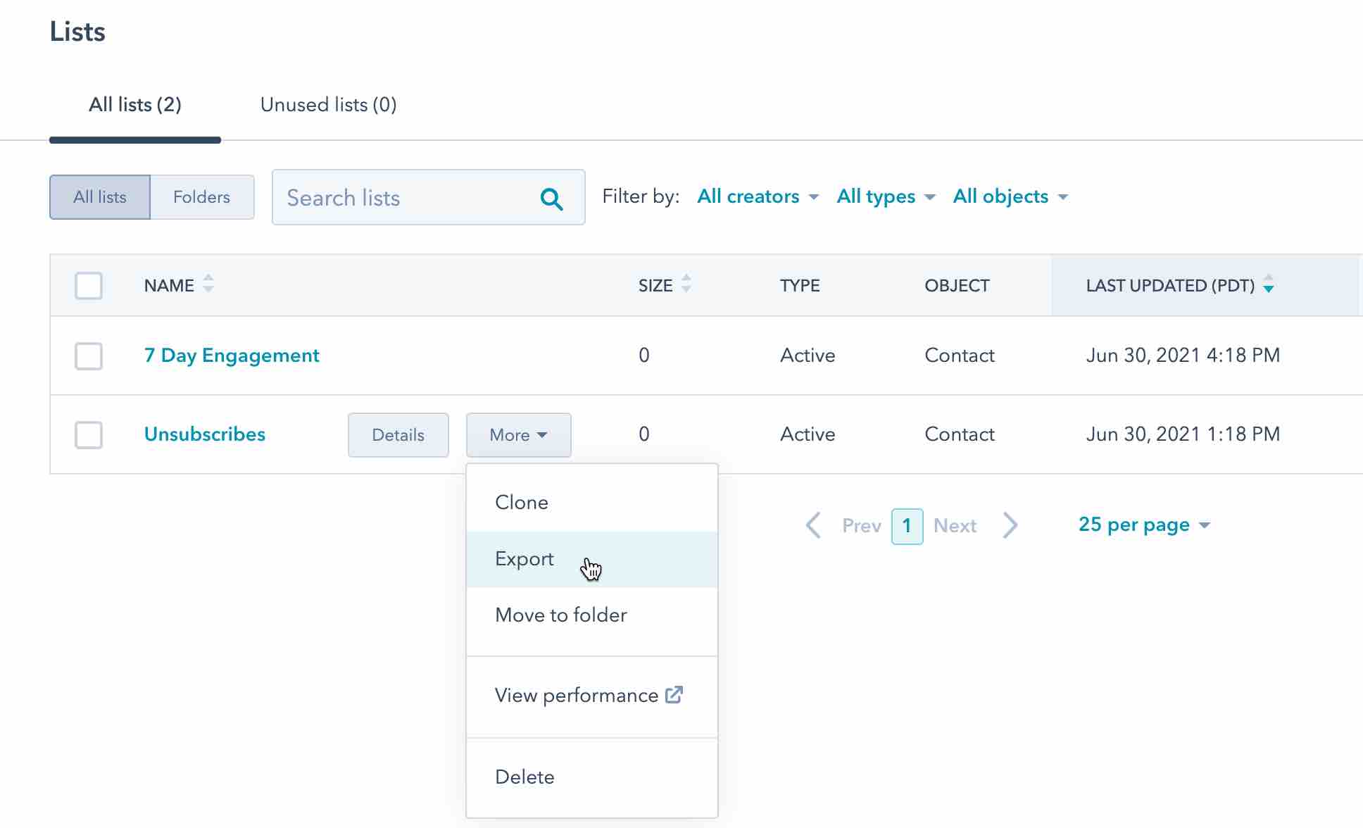 avsluta prenumeration lista i Hubspot lista sida med More dropdown öppen