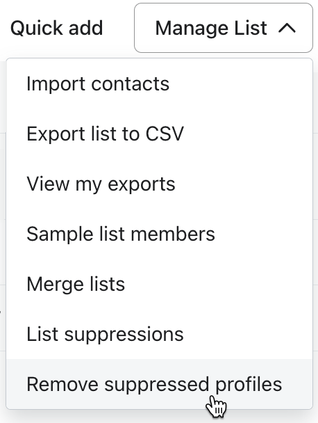 Ta bort listexkluderingar som är markerade i rullgardinsmenyn Manage lista