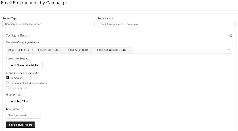Vy över kampanjens prestanda med filter valda och sms och e-post valda som kanaler som standard