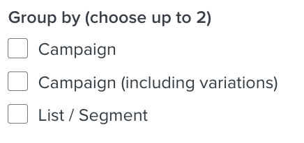 Vy över segment och lista med alternativ för rapportering av kryssrutor