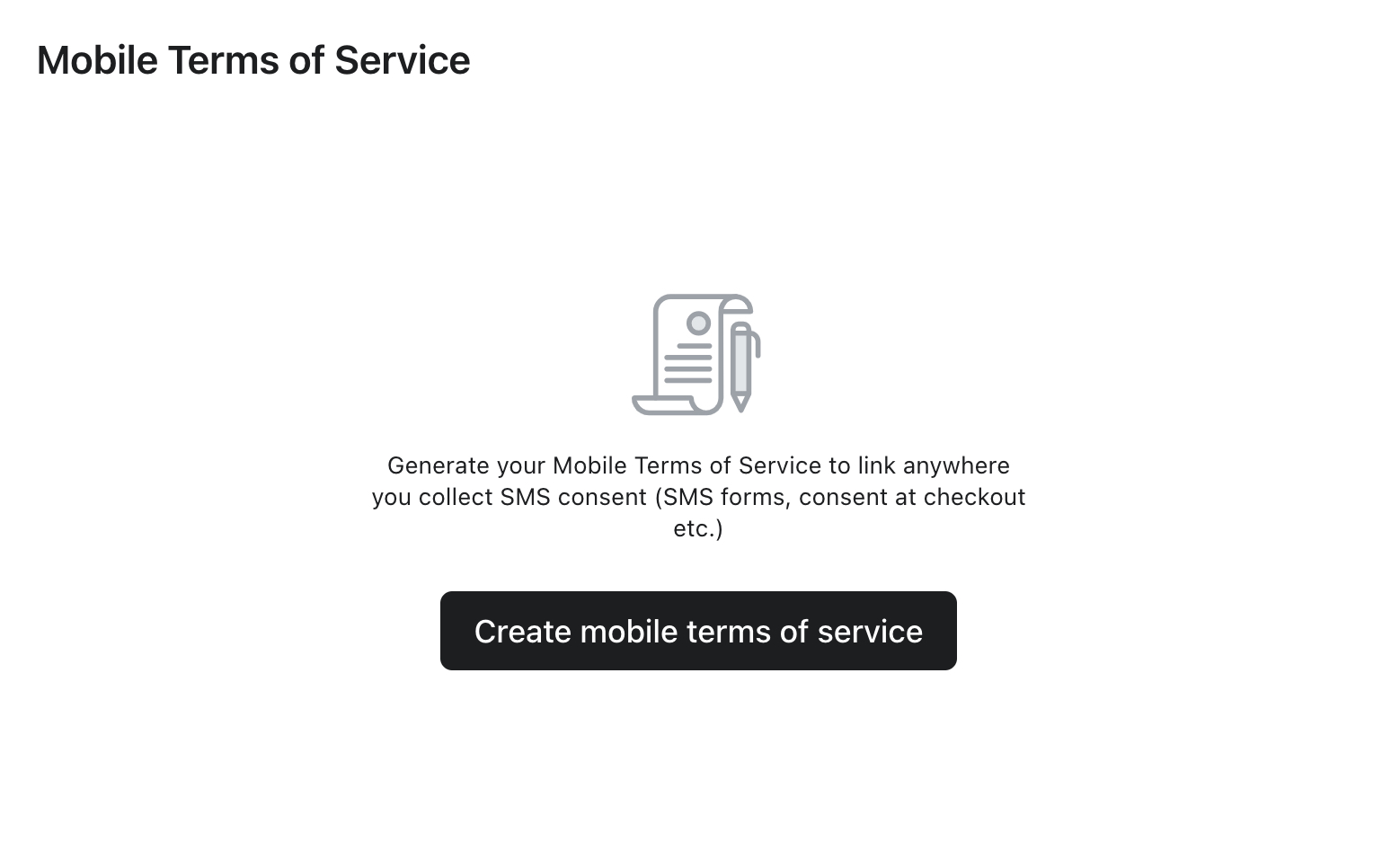 Menyn för skapande av Mobile tjänstevillkor på sidan för tjänstevillkorens inställningar.