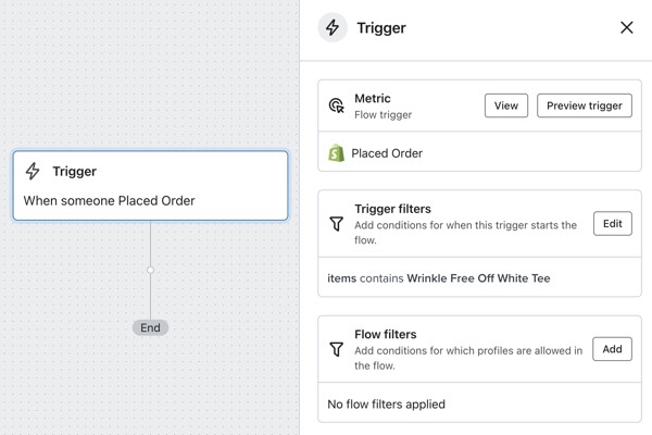 Exempel på en trigger som använder mättalen Placed Order och ett triggerfilter med konfigurationen "And Items contains Wrinkle Free Off White Tee