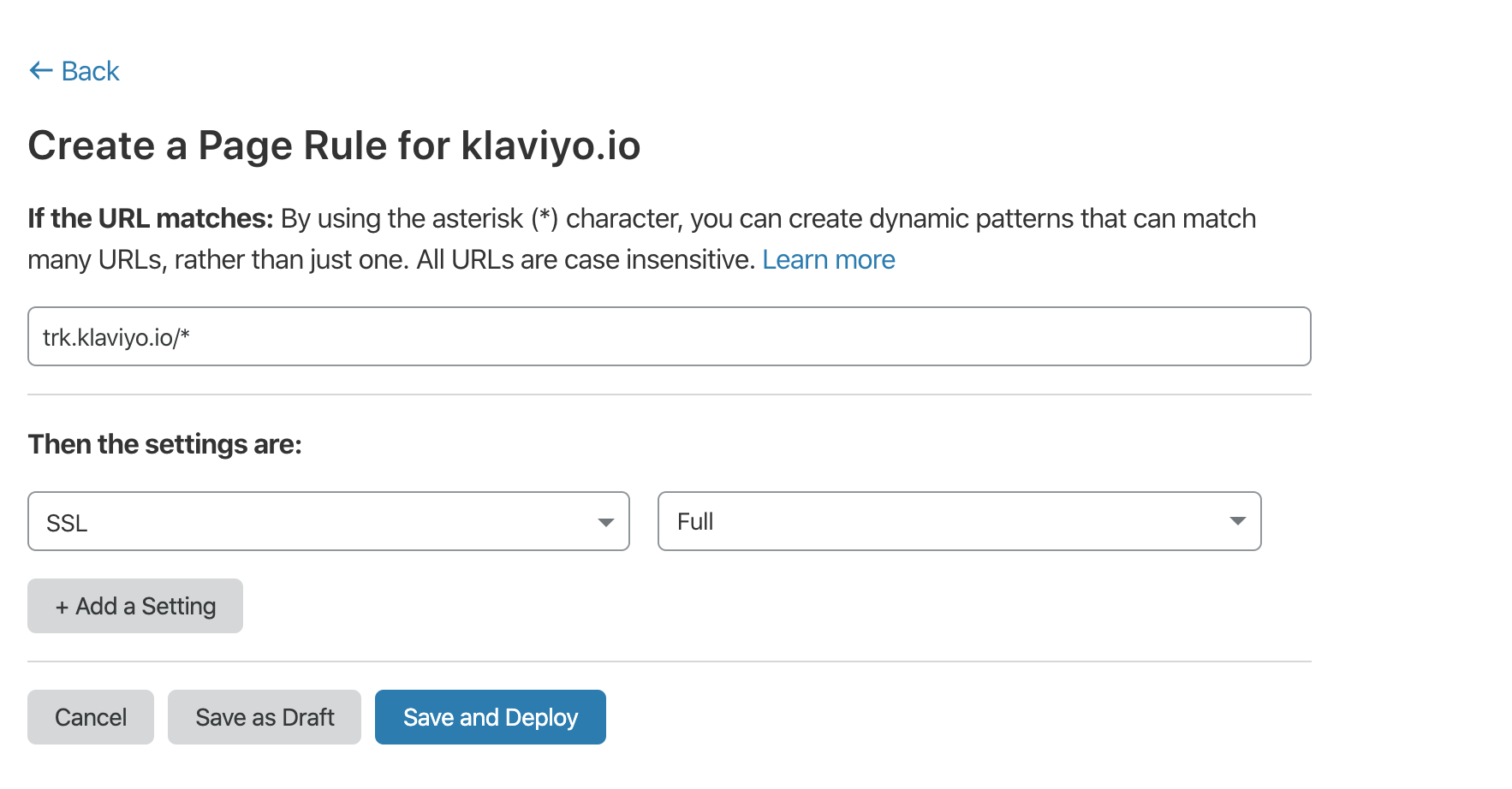 Skapa en sidskärm som visar URL-fältet med trk.klaviyo.io/* och inställningar som SSL och Full