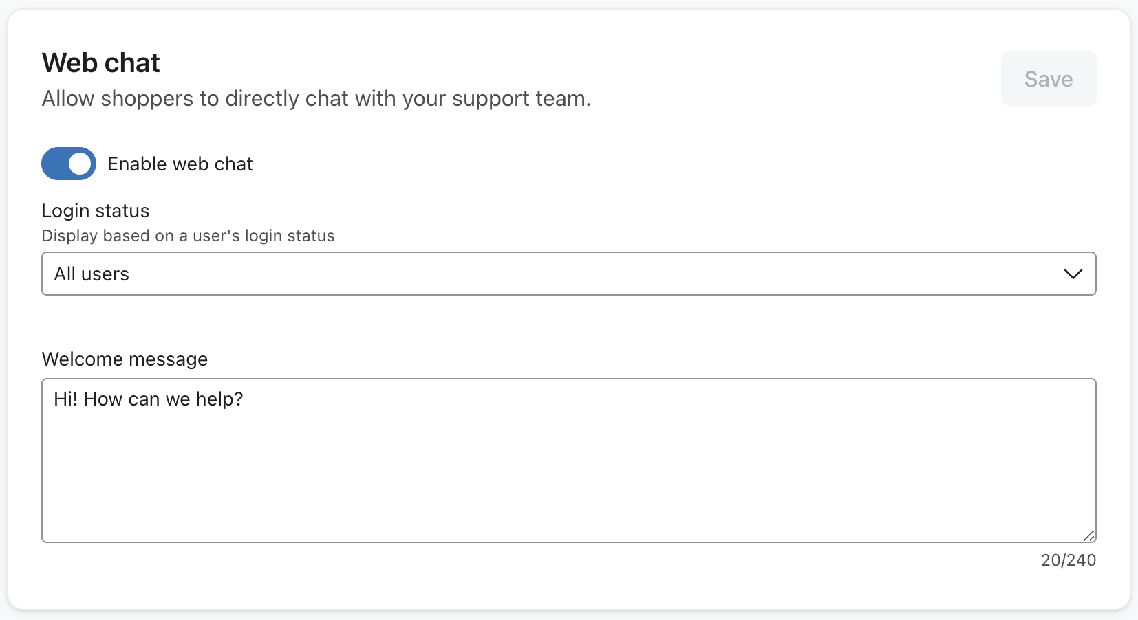 Webbchatt-inställningen är aktiverad och inställd på Alla användare i Klaviyo Customer Hub-inställningar i Klaviyo.