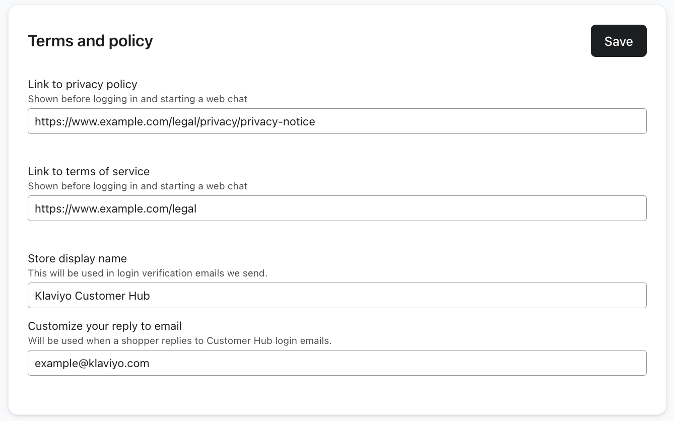 Den allmänna inställningsmenyn för Klaviyo Customer Hub med exempel på länkade villkor.