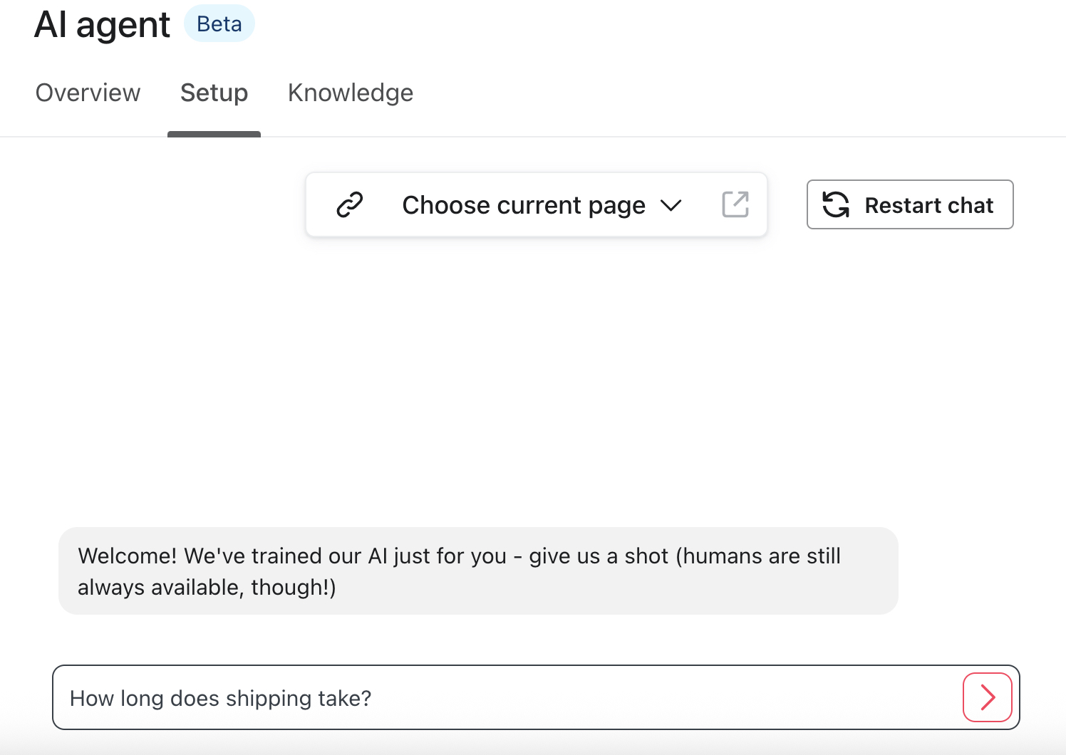 Klaviyo AI Agent installationsflik med ett chattgränssnitt, välkomstmeddelande och möjlighet att fråga "Hur lång tid tar leveransen?" width=