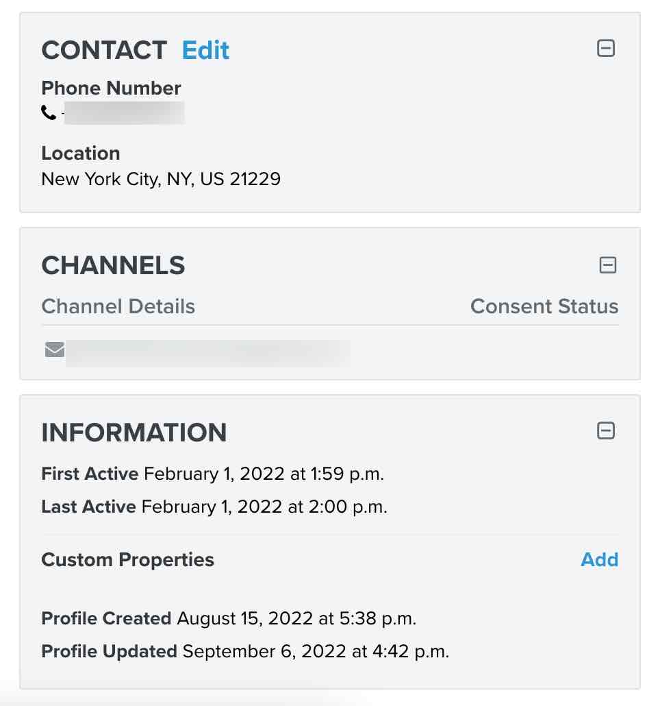 kontakt-, kanal- och informationsavsnitten i en profil i Klaviyo
