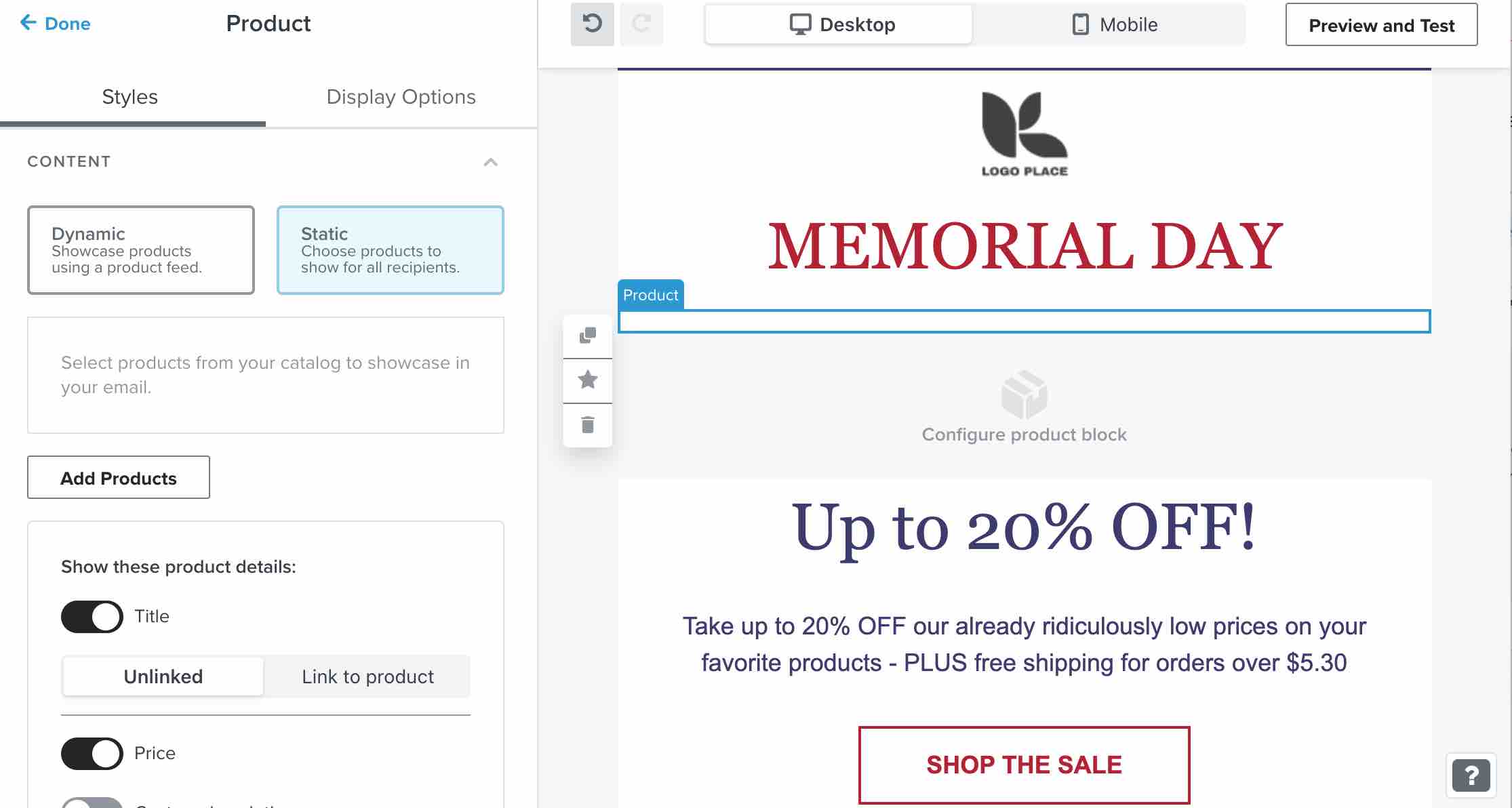 Klaviyo Mallskapare med statisk kontakt block uppmärksammas i e-post på Memorial Day
