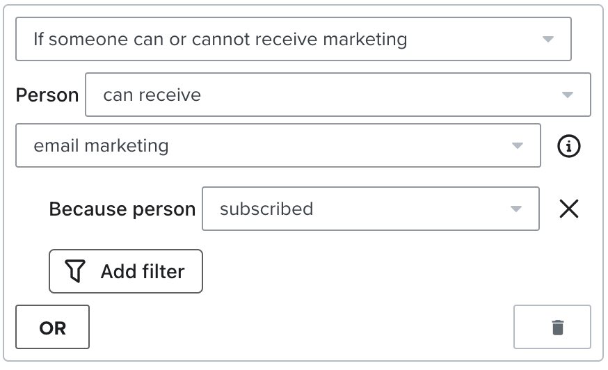Nytt filter för 'person kan ta emot e-postmarknadsföring' med filter för 'person prenumerera'