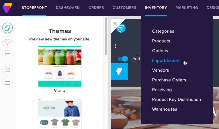 Inventory dropdown i Volusion med importera/Exportera i blått