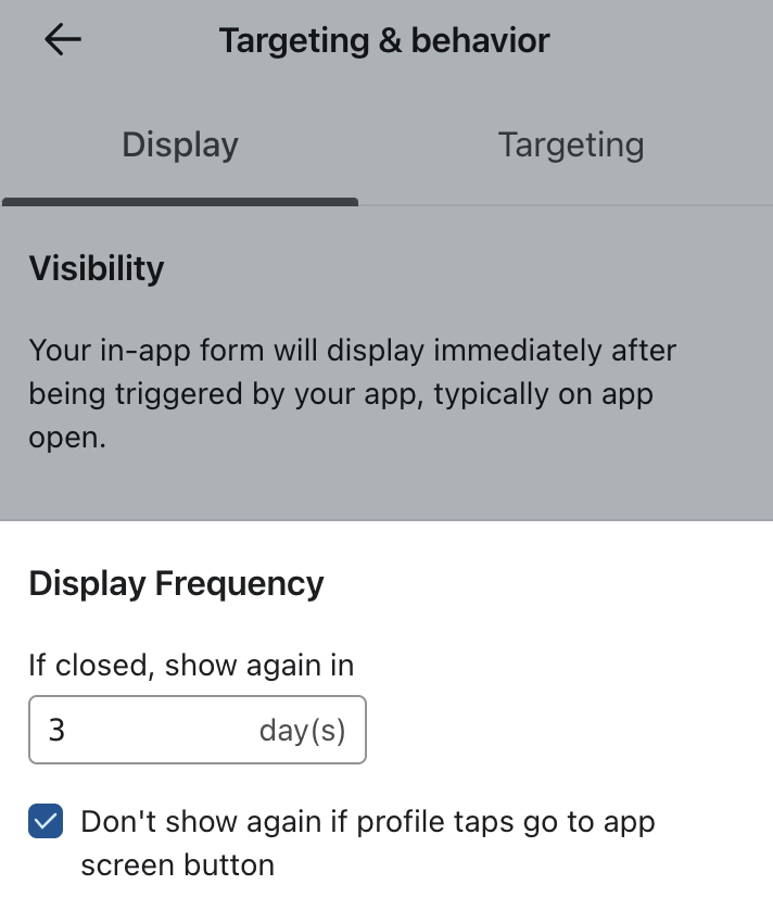 Fliken Targeting & behavior är öppen i formulärredigeraren Klaviyo och visar inställningen Display Frequency (visningsfrekvens) som är inställd på 3 dagar och omkopplaren för att inte visa formuläret igen.