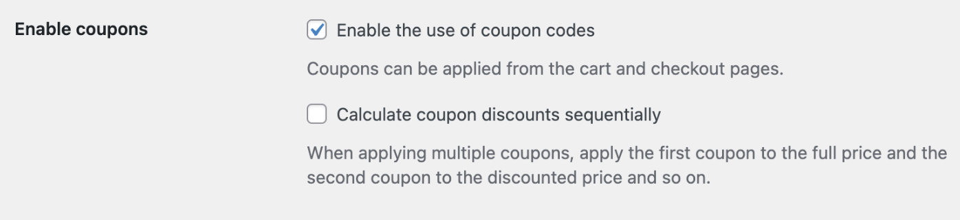 Menyn Enable kupong på WooCommerce visar rutan som är ikryssad för att möjliggöra användning av Kupongkod.