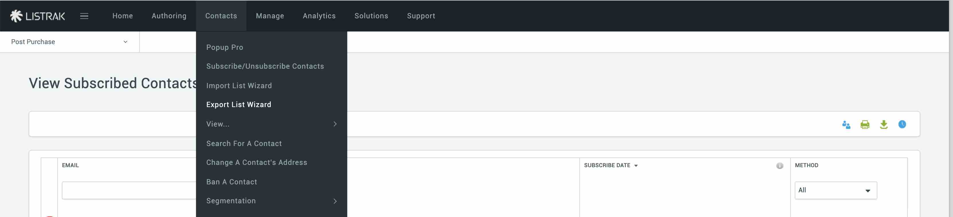 kontaktmeny i Listrak med Export lista Wizard i vitt