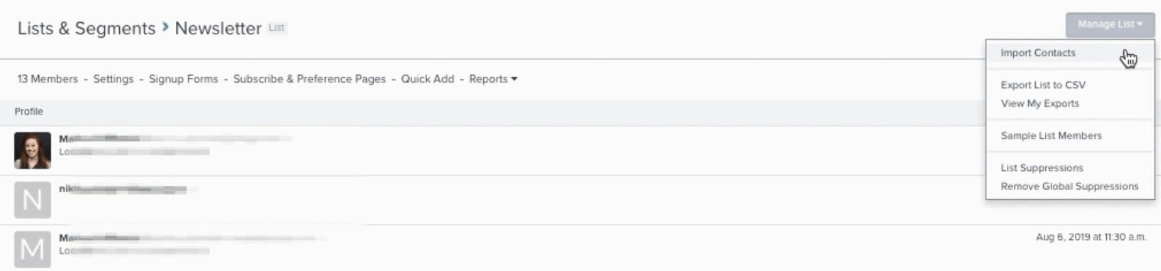 nyhetsbrev lista i Klaviyo med Manage lista dropdown öppen