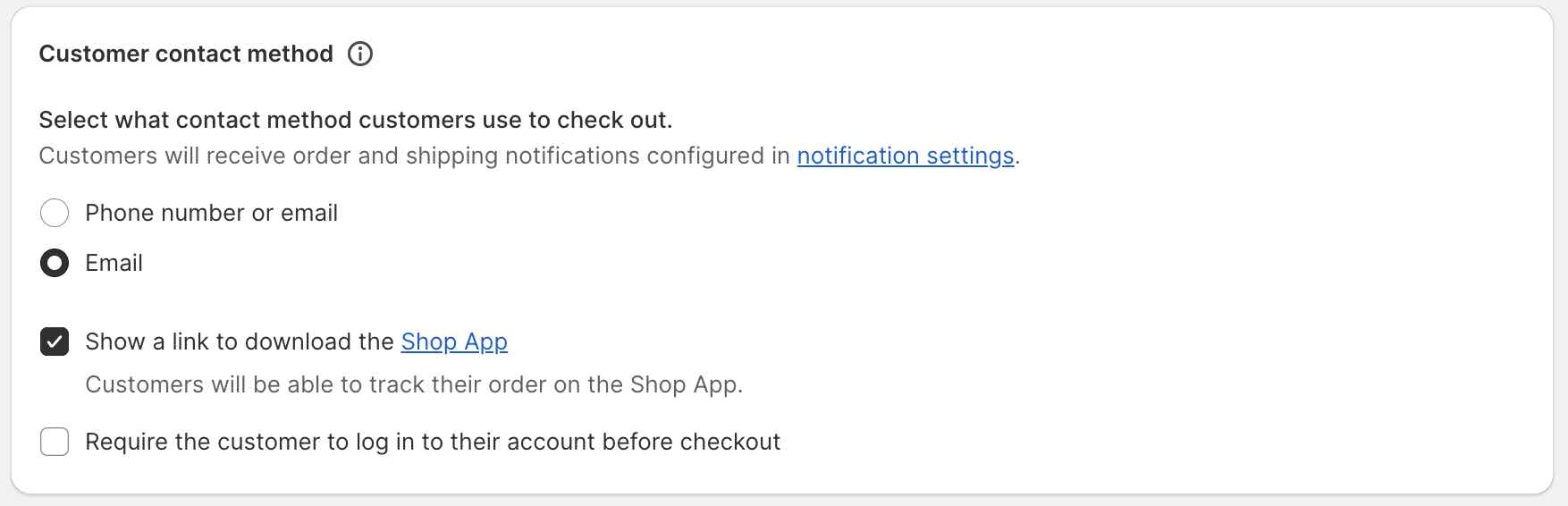 Shopify kassainställningar när e-post är valt för kundkontaktmetoden