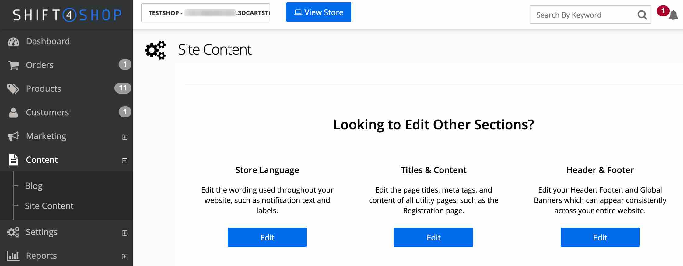 Sidan Site Content i Shift4Shop med Edit med blå bakgrund under Header och Footer