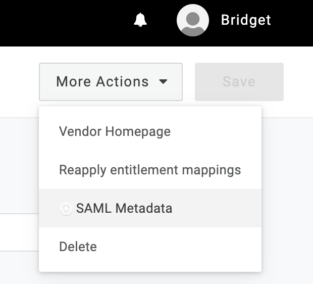 Rullgardinsmenyn More Actions när SAML-metadata är markerade