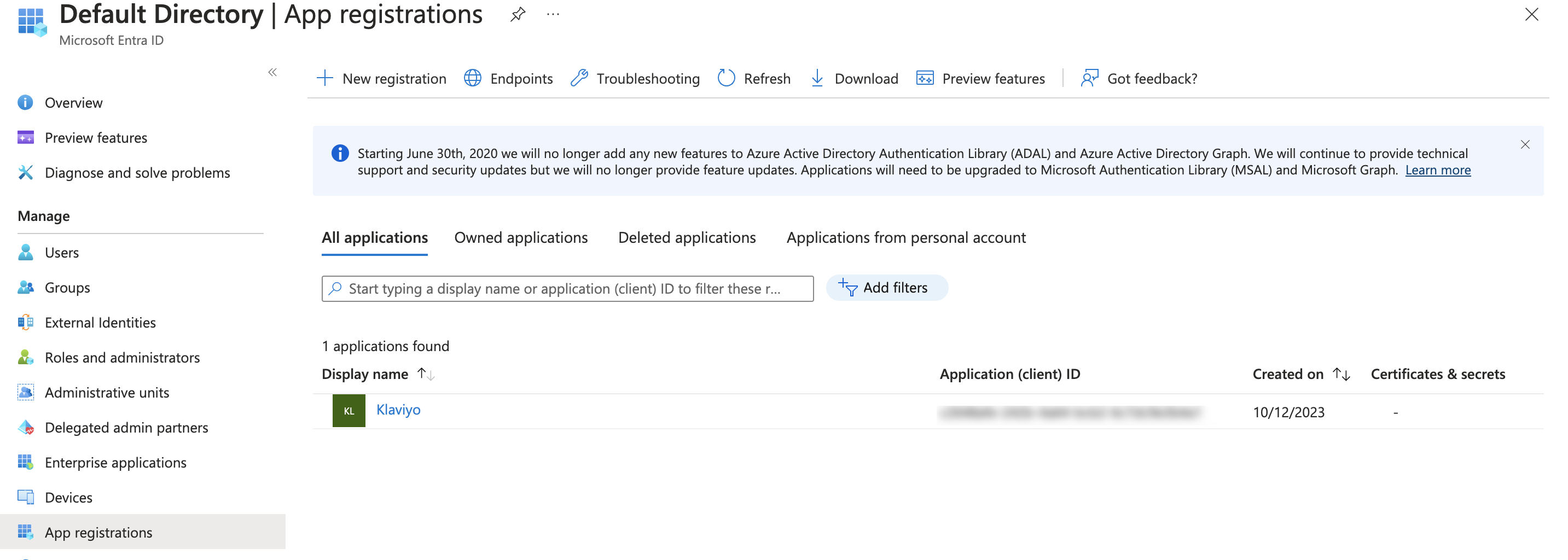 Fliken Alla applikationer på sidan för appregistreringar