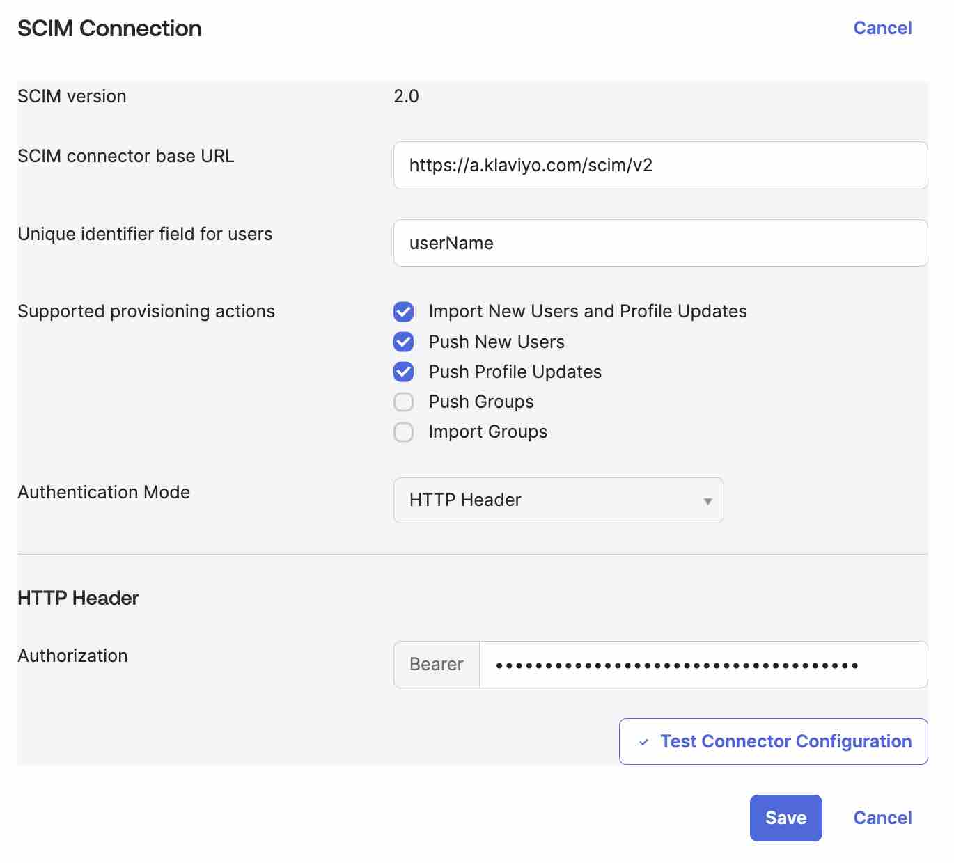 Så här ska SCIM Connection se ut när den är ifylld