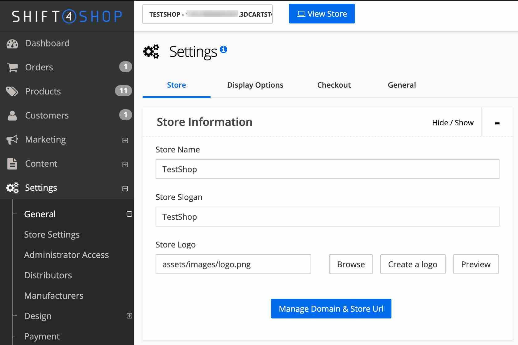 Shift4Shop inställningssida som visar butiksinformation