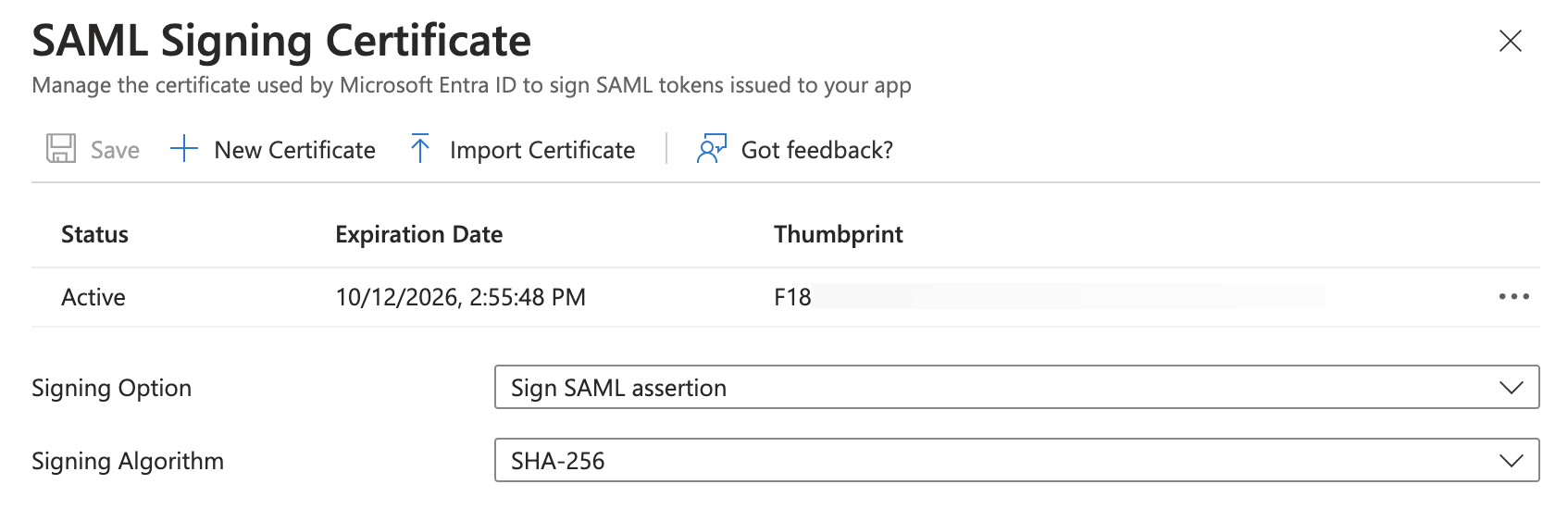 Sidofält för att redigera SAML-certifikatets signeringsalternativ och algoritm