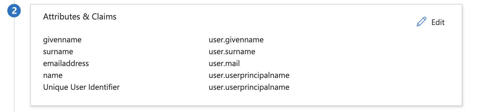 Steg 2 på sidan Single sign-on, som är rutan Attributes and claims
