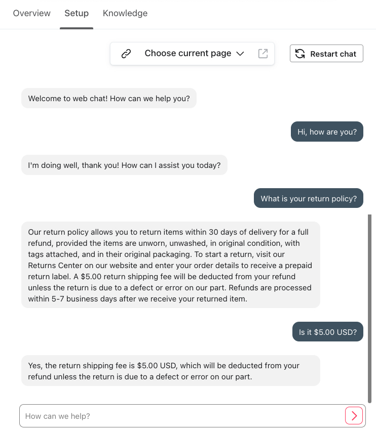 Inställningsfliken visar ett exempel på en konversation som testar Klaviyo AI-agentens kunskap om returpolicyer och avgifter.