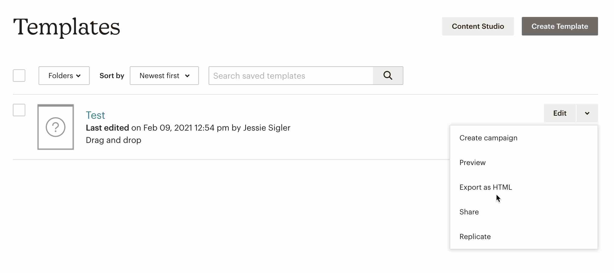 In de Mailchimp-template is aan de rechterkant van de pagina het menu Edit geselecteerd voor de gewenste template, waarbij de cursor boven de optie Export as HTML wordt gehouden.