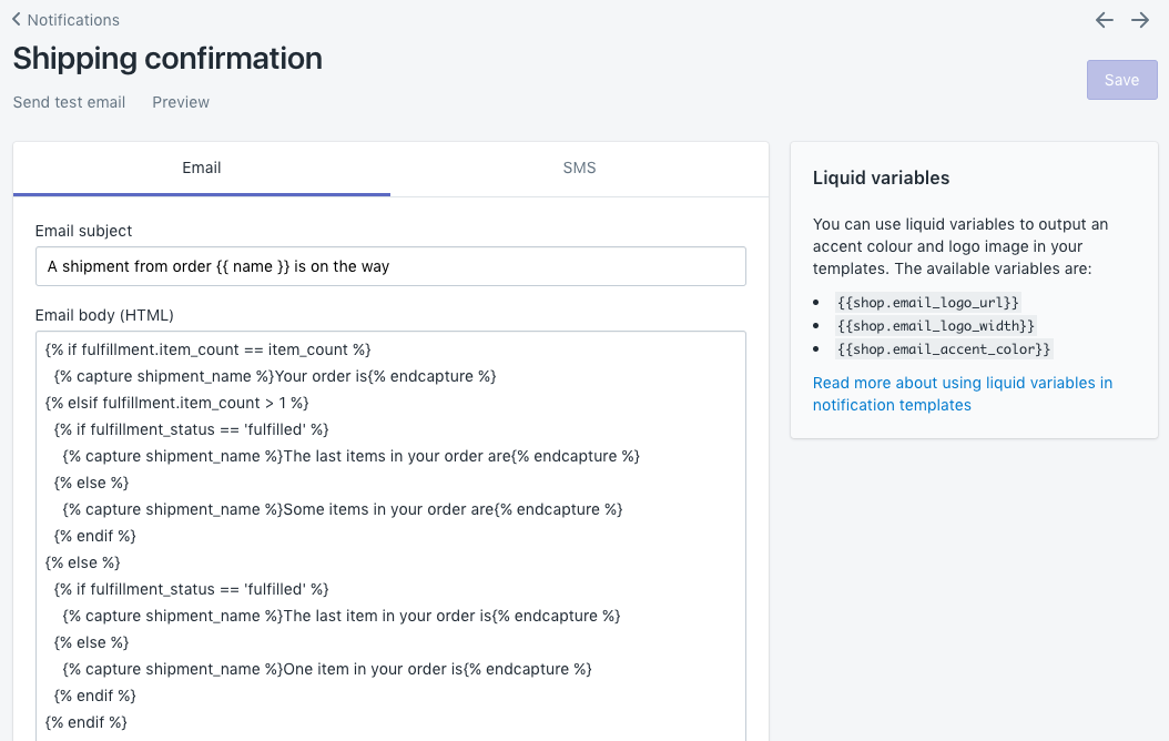 Plantillas de confirmación de envío de correo electrónico en Shopify mostrando correo electrónico asunto, correo electrónico cuerpo HTML, con opciones para Previsualizar, Enviar correo electrónico de prueba y Guardar