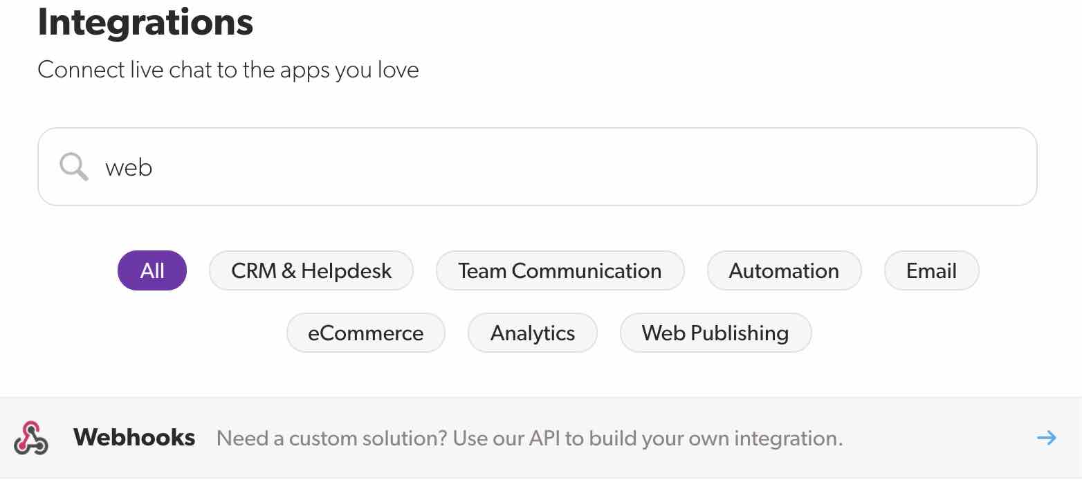 página de integraciones en Olark con web en la barra de búsqueda y webhook en los resultados de búsqueda