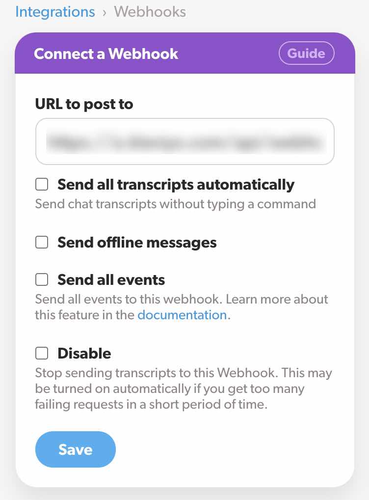 Conecta una casilla webhook en Olark con la URL para publicar en la casilla, otros ajustes y Guardar con fondo azul.