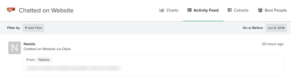 Klaviyo activity feed for Chatted on evento del sitio web showing one timestamped event for Natalie