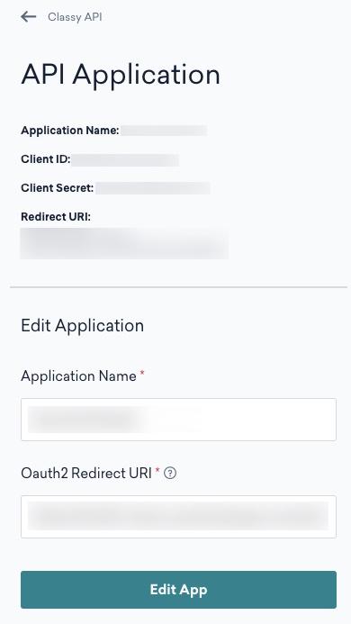 Editar página de aplicación de interfaz de programación de aplicaciones (API) en Classy Los campos ID de cliente y Secreto de cliente aparecen difuminados