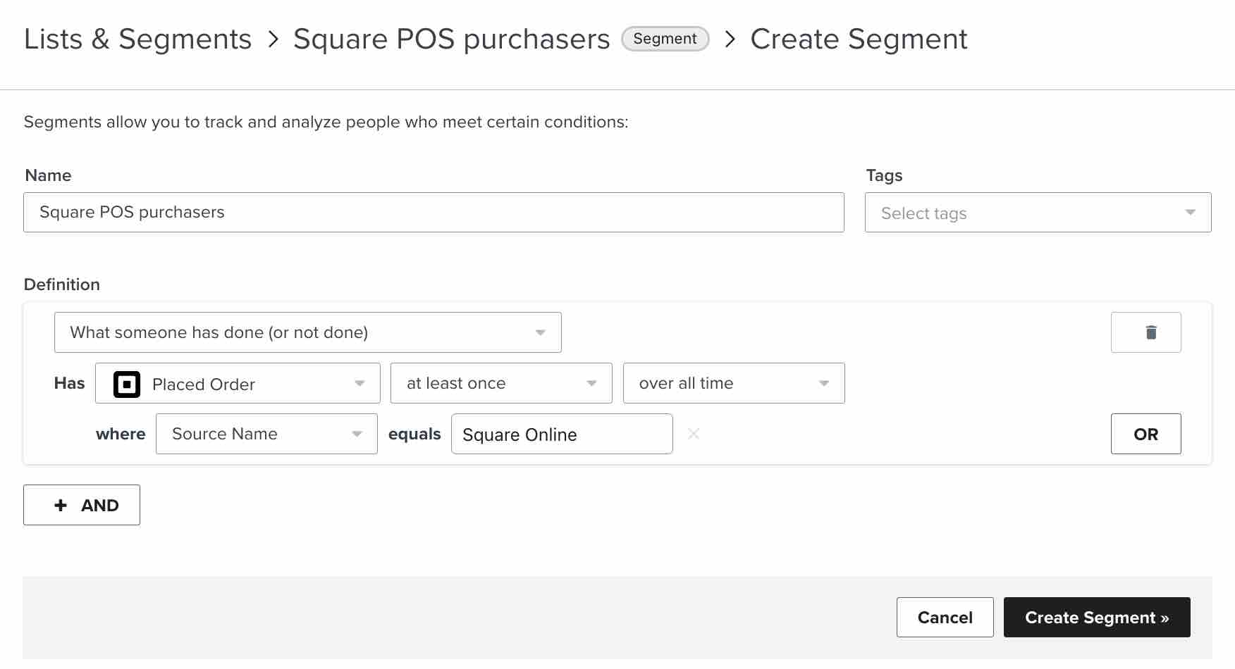 Klaviyo segmento constructor con segmento Square POS compradores