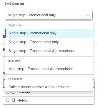 consentimiento para enviar SMS desplegable