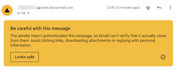 Aviso de Gmail notificando al usuario que tenga cuidado con el mensaje