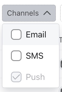 filtro de canales desplegable con opciones de correo electrónico, SMS y notificación push
