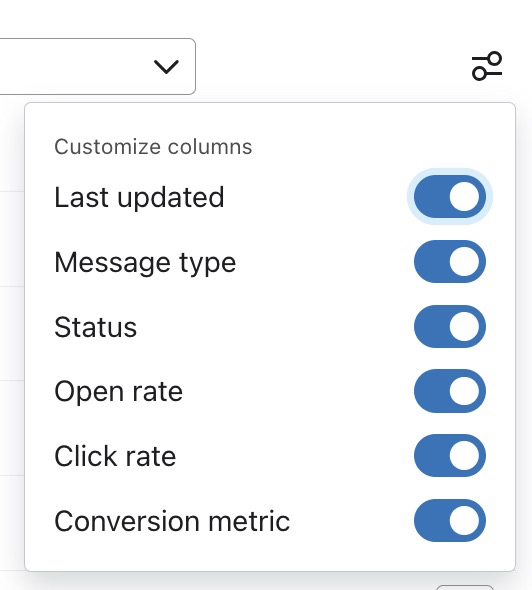 Panel de personalización de columnas con botones para Última actualización, Tipo de mensaje, Estado, Tasa de apertura, Tasa de clics (CR) y Conversión métrica