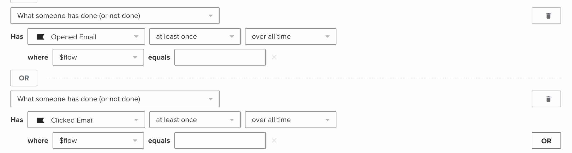 condiciones añadidas a un segmento para incluir a las personas que abrieron o hicieron clic en al menos un correo electrónico de tu serie de bienvenida al concurso
