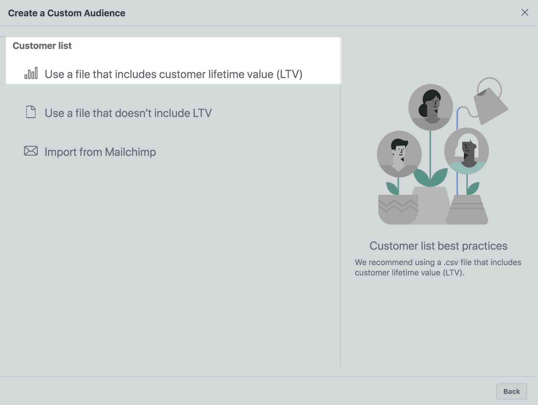 Crea una página de público personalizada en Facebook con Utiliza un archivo que incluya el valor de vida del cliente resaltado en blanco