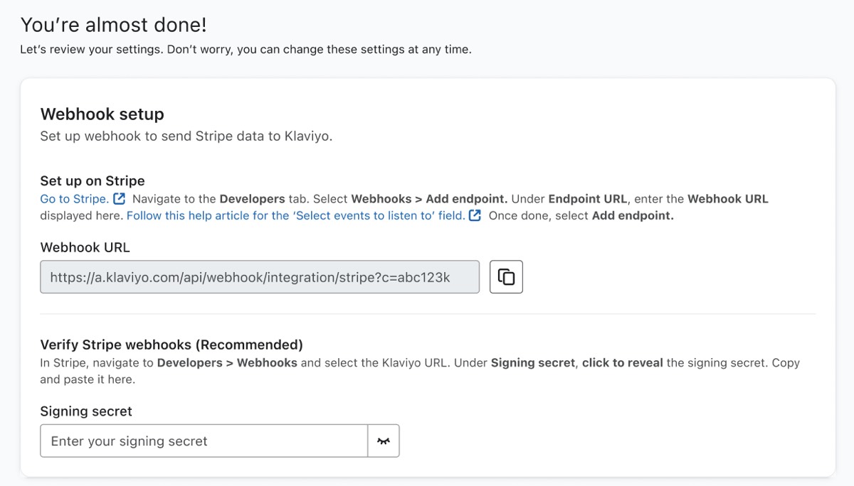 La página de configuración de integraciones de Stripe.