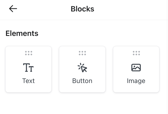 La pestaña bloque del editor de formularios Klaviyo muestra las 3 opciones de bloque: texto, botón e imagen. 