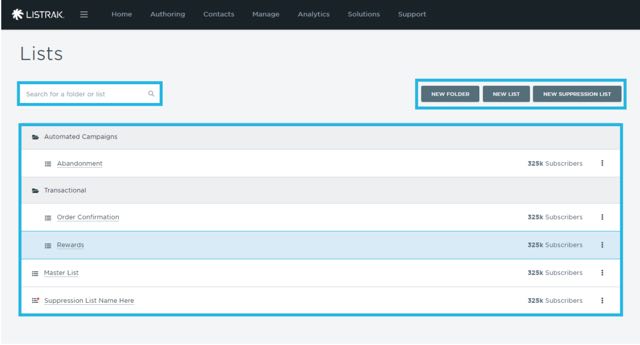 lista de lista en Listrak incluyendo supresión lista