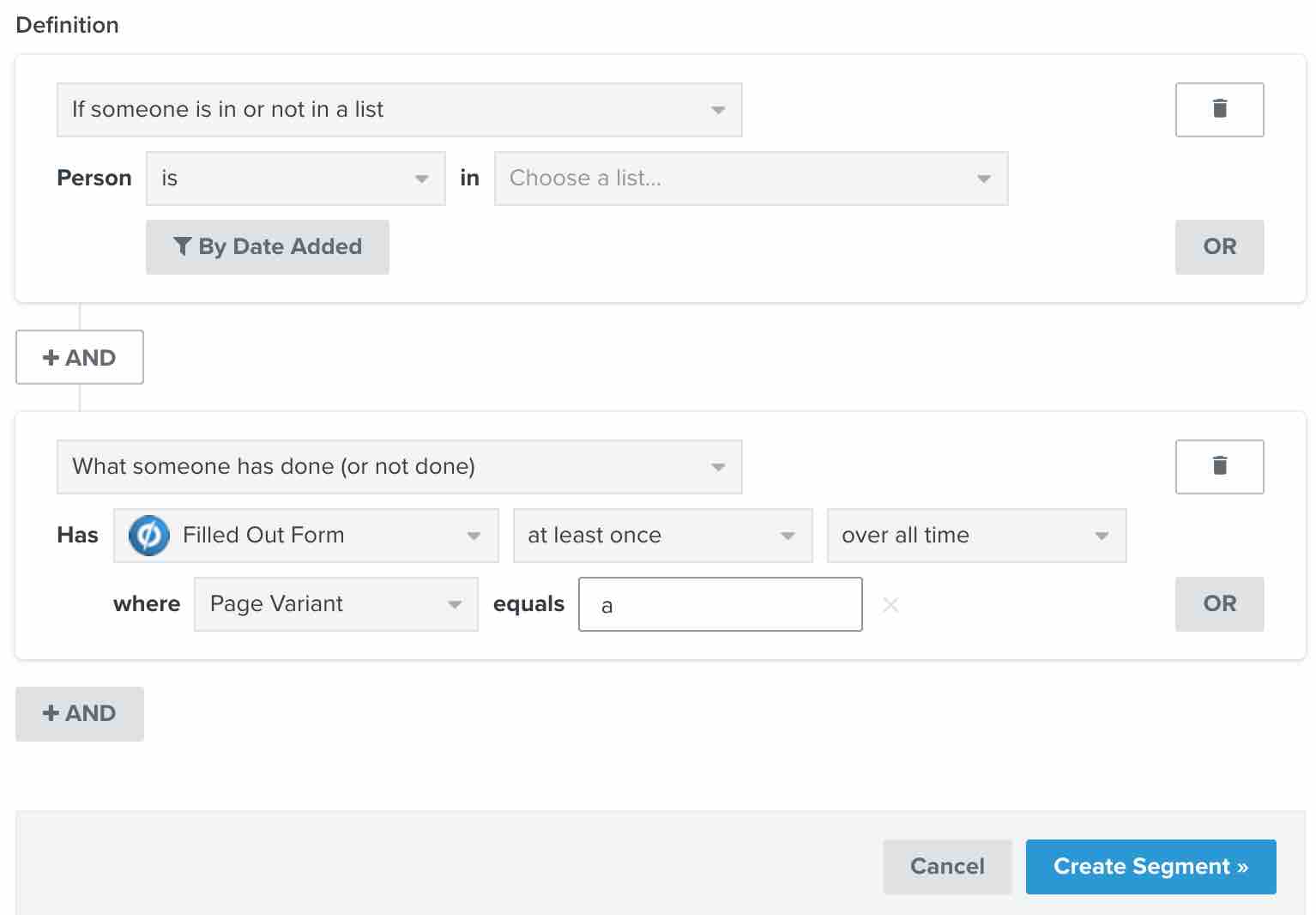 segmento en segmento builder en Klaviyo para alguien que ha rellenado un formulario con página variante a