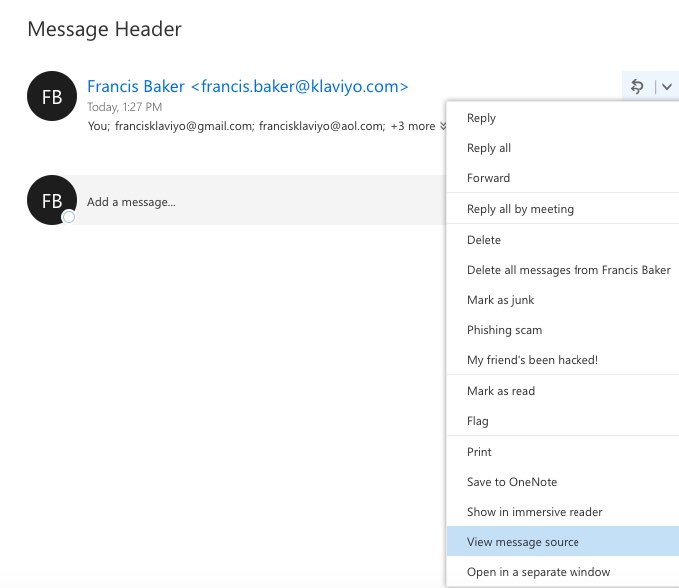 Ver la opción de origen del mensaje para el correo electrónico en las bandejas de entrada de Outlook y Hotmail 