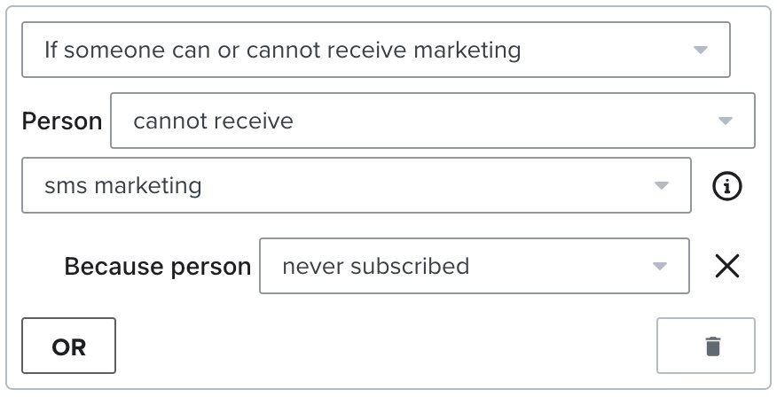 Filtrar por 'persona no puede recibir marketing por SMS' y nunca suscribirse