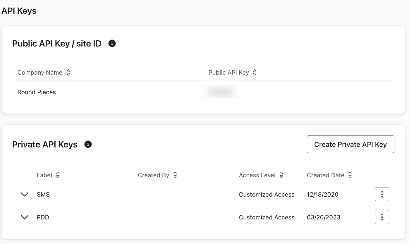 Pestaña Claves de API en la configuración de la cuenta