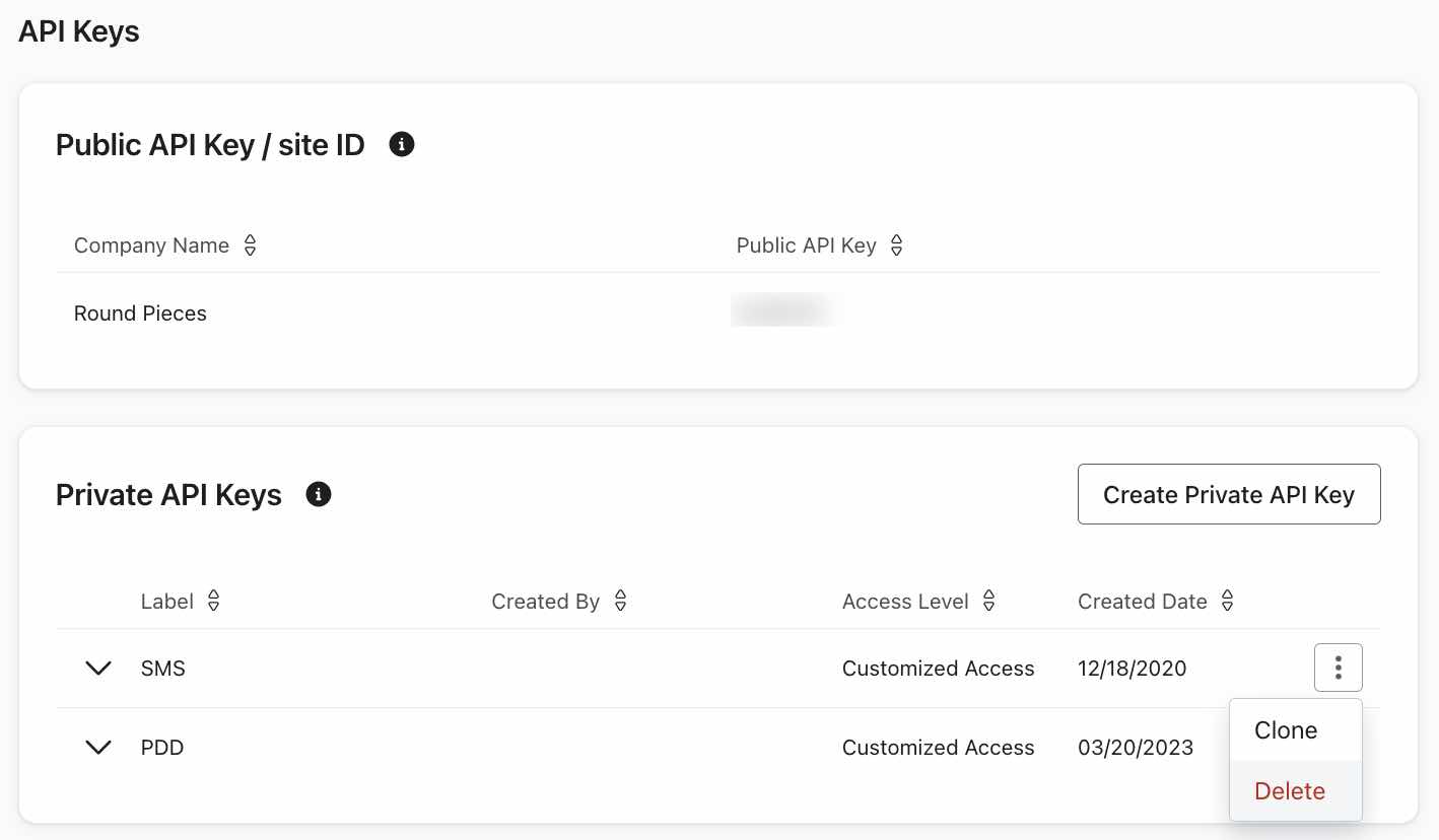 Menú para clonar o eliminar una clave privada de API
